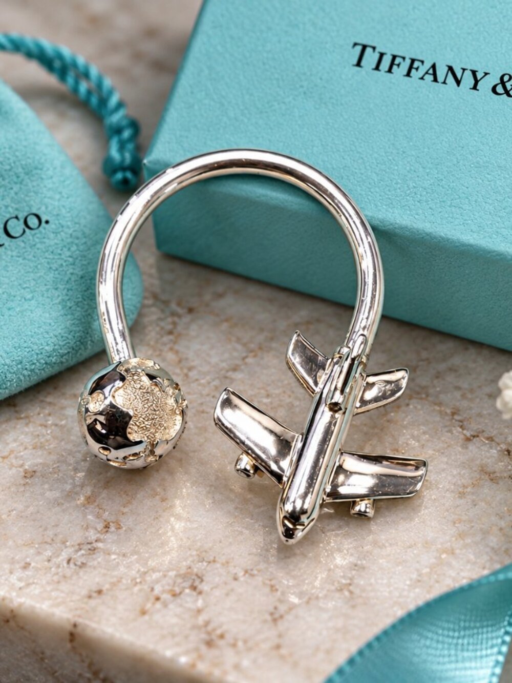 Tiffany & Co. Airplane & Globe Keychain .925